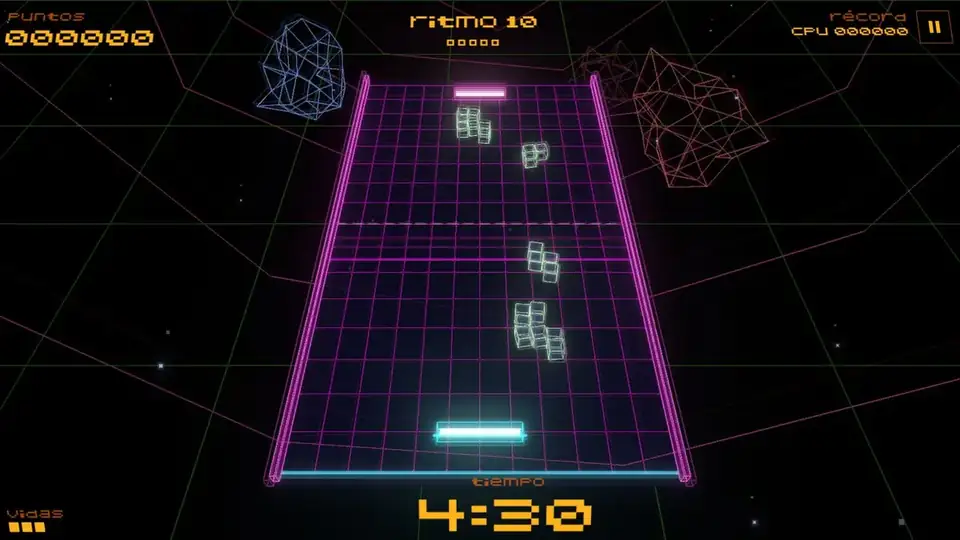 Partida del modo infinito de Asteroid Pong con el HUD que muestra ritmo 09 y el tiempo jugado