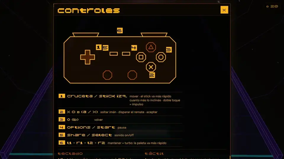Mapa de controles del mando y el teclado en los ajustes de Asteroid Pong