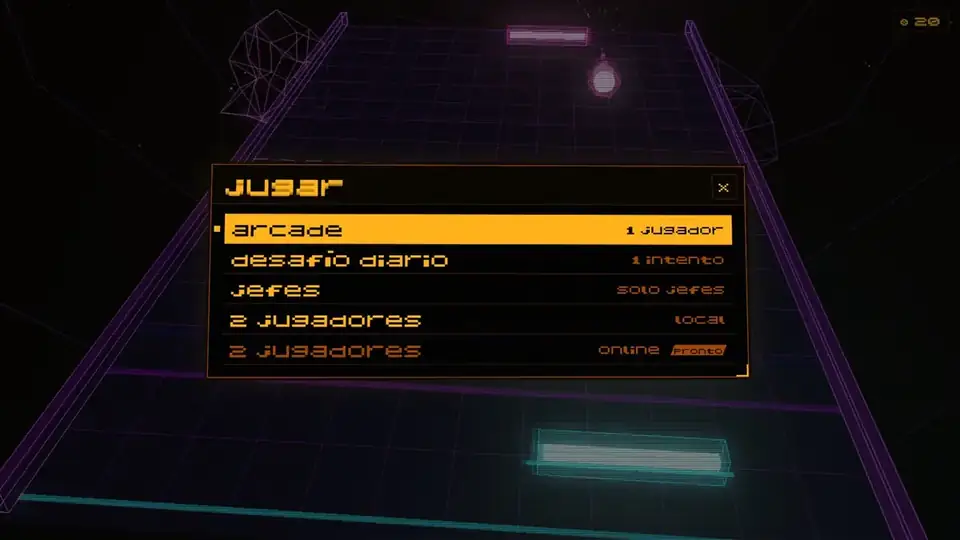 Menú jugar de Asteroid Pong con arcade, desafío diario, jefes y 2 jugadores