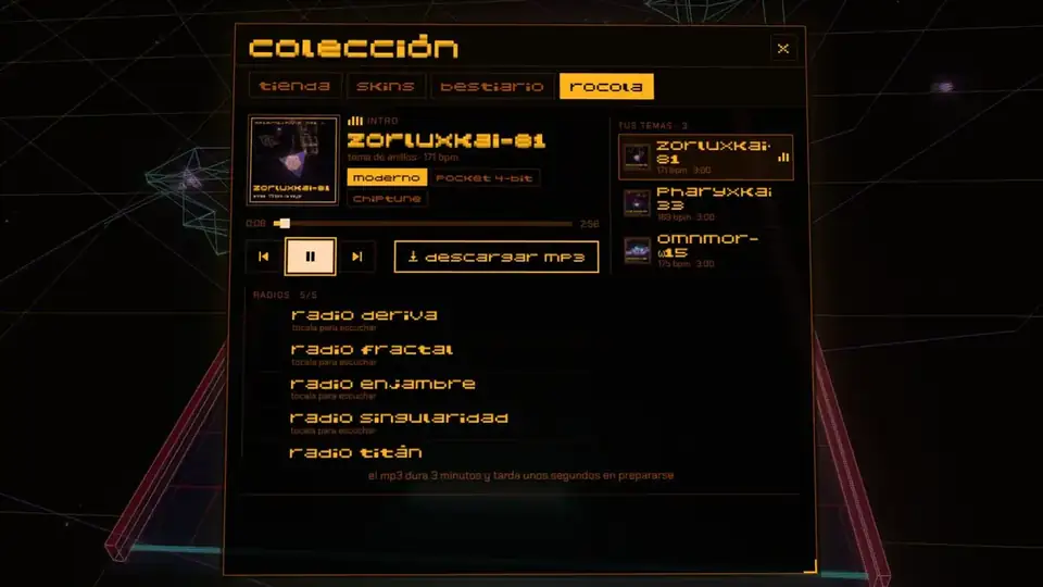 Rocola de Asteroid Pong con la lista de temas de jefe, las radios y el reproductor
