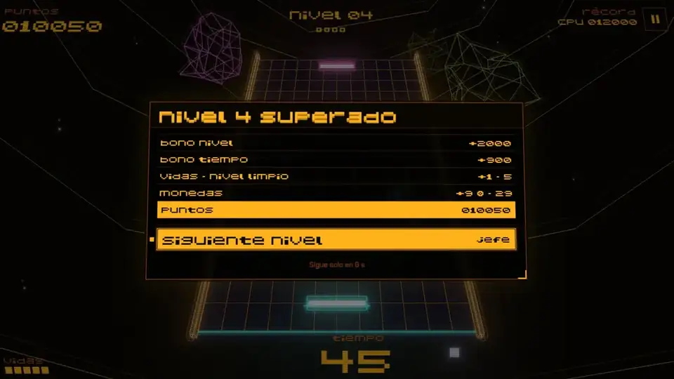 Pantalla de nivel superado con bono de nivel, bono de tiempo, vidas y monedas