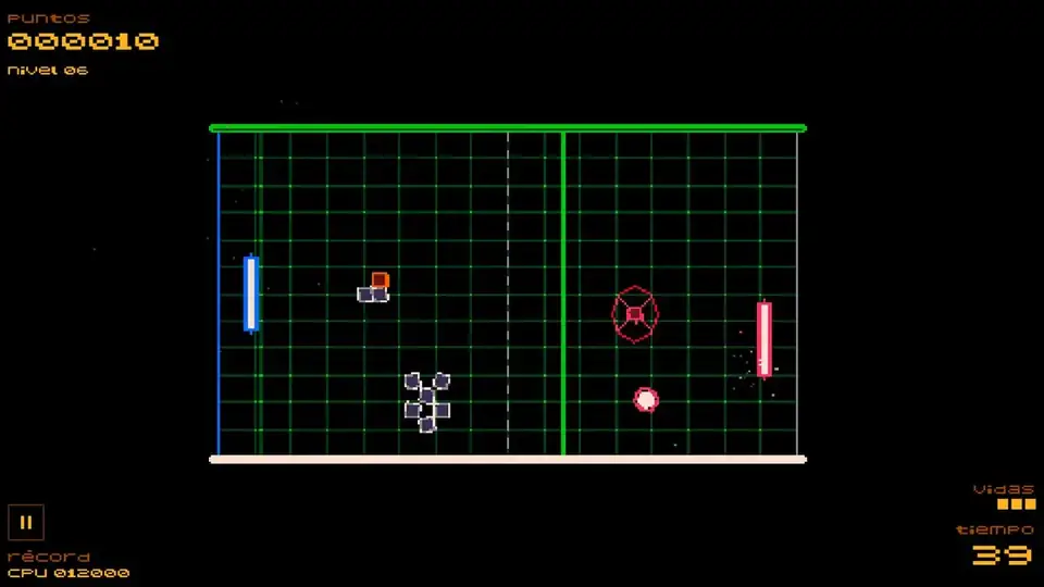 Partida de Asteroid Pong en vista retro: mesa cenital en pixel art con bloques, drones y bola