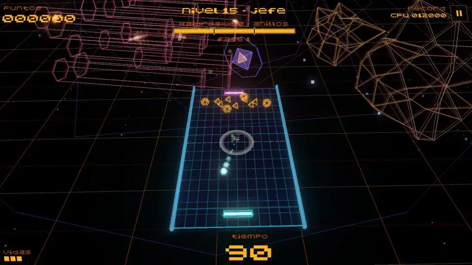 Jefe anillos de Asteroid Pong: núcleo poliédrico con halo y anillos de nodos alrededor