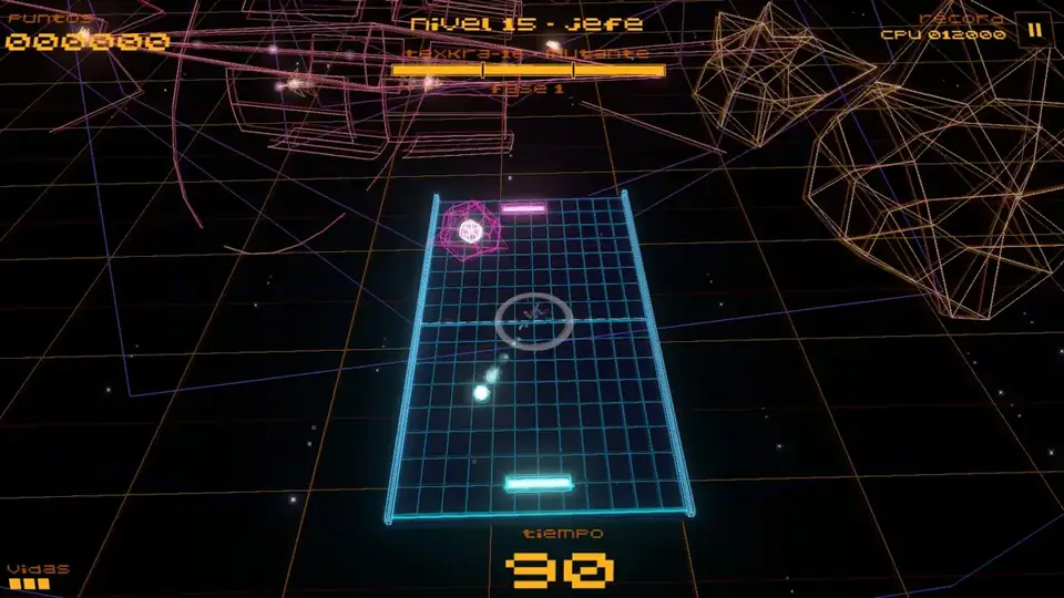 Jefe poliedro mutante de Asteroid Pong: poliedro grande con otro blanco adentro y un halo